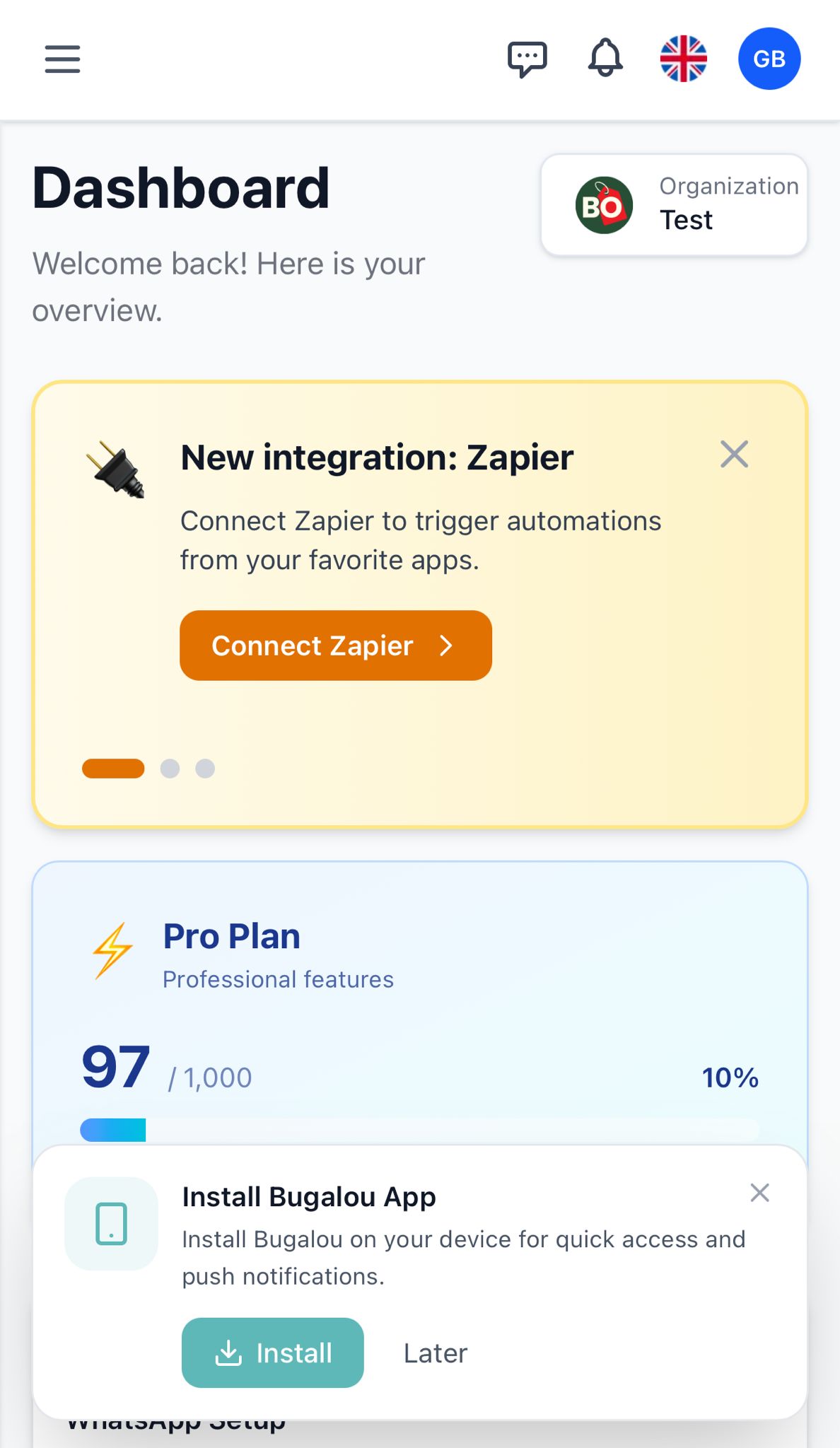 Bugalou app installatie melding op mobiel dashboard